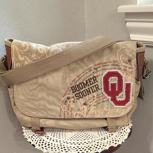 Fossil X OU Sooners Canvas Messenger Bag Tan Crimson OU Patch Adjustable Strap